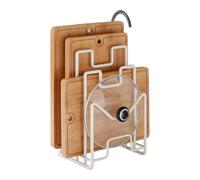 Lawnoval Estante de almacenamiento de cocina, tablas de cortar y tapas de ollas, organizador de arte de hierro con diseño abierto, para compacto 21 cm x 14,5 cm x 15 cm, negro/blanco y blanco