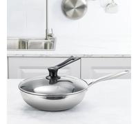 Lawnoval Wok antiadherente de acero inoxidable de tres capas con tapa, 32 cm de diámetro, compatible con placas de inducción y llamas abiertas para cocinar en casa
