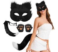 Lawnrden 3pcs/set Therian Gear, Therian Mask and Tail, Gloves Set Half Face Fox Mask con cola peluda de hebilla ajustable para Halloween Cosplay Fox, accesorios de vestir