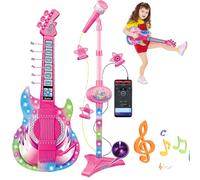 Lawnrden Guitar and Microphone for Kids, Toy Guitar with Music & Light, Adjustable Height 2 in 1 Kids Microphone with Stand, Learning Toy Instruments