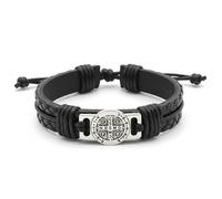 LAXISCREED Pulsera Hombre Cuero - Pulsera de Cuero Trenzado Ajustable con Símbolo de Protección San Benito, Joya Vintage Hombre, Regalo para Cumpleaños, Navidad, San Valentín y Día del Padre (Negro)