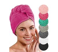 LAYNENBURG Toalla Turbante de Lujo de 2 Piezas con botón para Pelo Corto y Largo - 100% algodón - 8 elásticos para el Pelo Gratis - Turbante de Secado rápido y Absorbente (Fucsia)