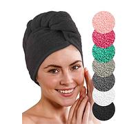 LAYNENBURG Toalla Turbante de Lujo de 2 Piezas con botón para Pelo Corto y Largo - 100% algodón - Turbante de Secado rápido y Absorbente (Negro)