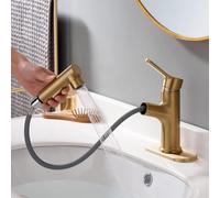 LAZ HOME Grifo de lavabo de baño de un solo orificio con pulverizador extraíble, grifo de tocador moderno, grifos de fregadero para bar (oro cepillado, normal)