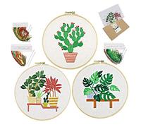 Lazeny 3X Kit de Inicio de Bordado, Kit Punto de Cruz con Patrones e Instrucciones, Plantas en Macetas Kits de Bordado, Bastidor Paño de Bordado, Hilos de Colores Herramientas (Monstera)
