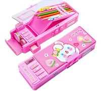 Lazeny Estuche Escolar Multifunción, Estuche de Lápices Pop Out con Cerradura de Contraseña, Compartimento con Botón de Presión, Doble Cara Papelería Organizador para Niña Niño (Conejo Rosa)
