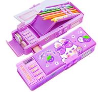 Lazeny Estuche Escolar Multifunción, Estuche de Lápices Pop Out con Cerradura de Contraseña, Compartimento con Botón de Presión, Doble Cara Papelería Organizador para Niña Niño (Conejo Morado)