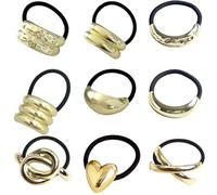 Lazos para el cabello con cola de caballo, 9 piezas, lazos para el cabello geométricos de metal dorado para cabello grueso, lazos para el cabello elásticos metálicos versátiles para mujeres y niñas, t