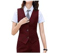 Lazutom Chaleco elegante de traje con cuello en V para mujer, chaleco abotonado para negocios y trabajo, rojo vino, 36