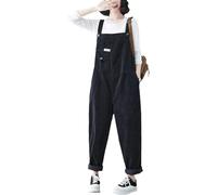 Lazutom Mono de pana para mujer otoño invierno con babero, mono de sastre, pantalones de pierna ancha, mono casual de calle, Negro, S