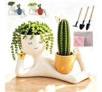 Lazy Guy Funny Plant Pots,Cute Succulent,Small Ceramic Pots with Drainage,Resin Lying Down Face Succulent Cactus Pot,Easy Maintenance Plant Ornament,For Home Garden Decor.[Yellow]