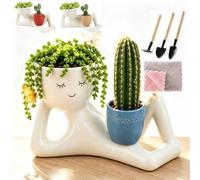 Lazy Guy Funny Plant Pots,Cute Succulent,Small Ceramic Pots with Drainage,Resin Lying Down Face Succulent Cactus Pot,Easy Maintenance Plant Ornament,For Home Garden Decor.[Blue]