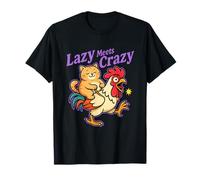 Lazy Meets Crazy Cat Montando Gallo De Dibujos Animados Granja Humor Camiseta