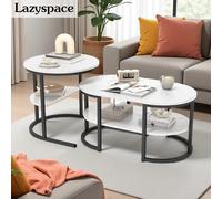 Lazyspace Juego de mesa de centro de 2,2 en 1 mesa de té redonda y ovalada, mesa auxiliar moderna para sala de estar con espacio de almacenamiento, óptica de mármol Oro