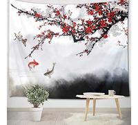 LB 150x100cm Tapiz de Pared Flor de cerezo roja Colgar de Pared Koi japonés y pájaro Tela Pared Pintura de tinta china Tapices para Sala Dormitorio Decoración Pared
