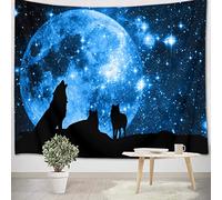 LB 235x180cm Tapiz de Pared Lobo Colgar de Pared Luna y estrellas Tela Pared Animal salvaje y estilo del universo Tapices para Sala Dormitorio Decoración Pared