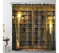 LB Cortina de Ducha de Bruja, Estante de Libro mágico, Escoba voladora, Cortina de Ducha para baño, Cabina de Madera mágica, Cortina de baño de Halloween, 72 x 72 Pulgadas, Juego de Cortina de Ducha