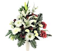 LBA Centro de Flores Artificiales para Cementerio, Preparado para Introducir en los Botes de Tumbas o Nichos. Varios Modelos. (Blanco y Rojo)