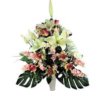 LBA Centro de Flores Artificiales para Cementerio, Preparado para Introducir en los Botes de Tumbas o Nichos. Varios Modelos. (Blanco y Rosa)