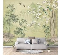 LBHSWWX Mural de pared de bambú y pájaros florales de estilo chino, tela de seda, gran formato (220 x 140 cm)
