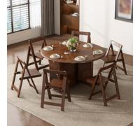 LBMED Juego De Mesa De Comedor Plegable De 55 Pulgadas para 6 Personas con Sillas, Almacenamiento Y Ruedas con Bloqueo, Madera Maciza, Ahorra Espacio, Mesa Redonda Plegable Extensible Tipo Mariposa