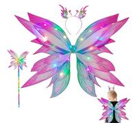 Lcarege Disfraz de hada para niñas, 3 piezas/set iluminado, tamaño libre, doble capa, degradado, interruptor de ala, botón de control, disfraz de hadas para cosplay, fiesta de escenario, Halloween