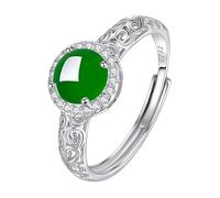 LCDIUDIU Anillos Mujer Plata De Ley 925,Anillos De Jade Hetiano Natural para Mujeres Y Niñas, Banda Piedra Preciosa Cabujón Verde Vintage, Ajustable, Compromiso, Promesa, Boda, Regalo Jaspe Verde