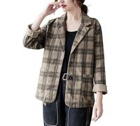 LCDIUDIU Blazer Mujer,Blazer A Cuadros para Mujer, Color Caqui, De Lino Y Algodón, Mangas Largas, Solapas con Muescas, Abotonado, Chaqueta De Traje Ligera, De Verano, Informal, Elegante, Holgada, p