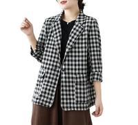 LCDIUDIU Blazer Mujer,Blazer Casual De Lino Y Algodón A Cuadros para Mujer, Estilo Retro Negro, De Manga Larga, con Solapas con Muescas, Botones, Chaqueta Traje Ligera con Bolsillo, para Verano, p