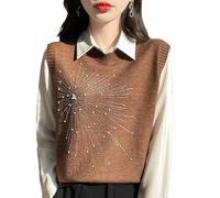 LCDIUDIU Chaleco De Punto Sin Mangas Mezcla Lana Azul Marino para Mujer, Cuello Redondo, Estampado Cuentas Fuegos Artificiales, Suéter De Punto, Chalecos, Otoño Invierno, Cálido, Ajustado, Pr