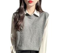 LCDIUDIU Chaleco De Punto Sin Mangas Mezcla Lana Azul Marino para Mujer, Cuello Redondo, Estampado Cuentas Fuegos Artificiales, Suéter De Punto, Chalecos, Otoño Invierno, Cálido, Ajustado, Pr