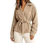 LCDIUDIU Chaqueta de Corta Tipo Gabardina Ante Sintético para Mujer con Cinturón Chaqueta de Transición Informal Vintage con Solapa con Muesca Y Frente Abierto. Abrigo Cuero.