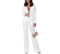 LCDIUDIU Conjunto De Traje De Negocios 2 Piezas para Mujer, Chaqueta Blazer Cruzada Manga Larga Y Pantalón Sastre Talle Alto. Conjunto Elegante, Casual, Ajustado, Formal, para El Trabajo, Blanco, T