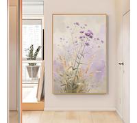 LCDIUDIU Cuadro Al Óleo de Flores Silvestres Verbena Morada Pintado A Mano, Lienzo Botánico Sin Marco, Decoración Pared con Textura Hierba Trigo para Sala Estar, Dormitorio, Entrada Del Hogar, 70