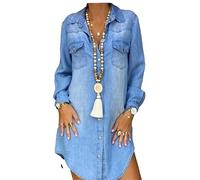 LCDIUDIU Dress Dames,Vrouwen Denim Jurk Met Lange Mouwen Lichtblauw Borstzak Button Down Shirt Jurk Herfst Casual Losse Gebogen Mini-Jurk Vintage Wash Faded Jean-Jurken,S