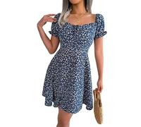 LCDIUDIU Minivestidos Florales para Mujer Escote Corazón Lazo con Cordón Manga Abullonada Vestido de Verano Fluido de Corte A Cintura Imperio Ajustado Vestido Corto de Verano para Vacaciones En La