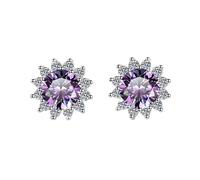 LCDIUDIU Pendientes De Plata De Ley 925 con Forma Flor De Diamante Corte Redondo 5 Mm, Hipoalergénicos, Regalo para Esposa, Mamá, Color Morado.