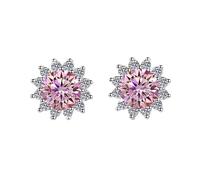 LCDIUDIU Pendientes De Plata De Ley 925 con Forma Flor De Diamante Corte Redondo 5 Mm, Hipoalergénicos, Regalo para Mujer, Esposa, Mamá, Color Rosa.