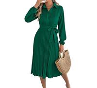 LCDIUDIU Vestido Camisero Plisado Elegante para Mujer, Color Liso, Manga Larga, Abotonado, con Cinturón, Largo Midi, Corte A, Estilo Skater, Ideal para La Oficina, El Trabajo, Ocasiones Informales