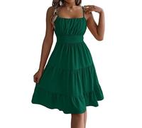 LCDIUDIU Vestido Corto de Verano para Mujer con Tirantes Finos, Cintura Fruncida, Corte En A, Bajo con Volantes, Espalda Descubierta, Corte Ajustado, Informal, para Playa, Vacaciones, Fiesta, Verde
