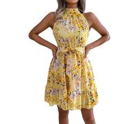 LCDIUDIU Vestido Mini con Cuello Halter Floral De Verano para Mujer, Sin Mangas, con Lazo En La Espalda, Cinturón, Dobladillo Volantes, Corte En A, Vestido Veraniego Fluido, Sexy, Ajustado, para U