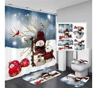LCFIGDZ Juego de 4 cortinas de ducha con diseño de muñeco de nieve con alfombras antideslizantes, cubierta de tapa de inodoro y alfombrilla de baño, decoración de bolas de Navidad rojas, juego de