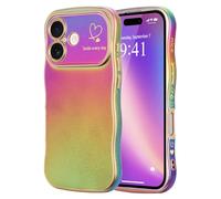 LCHULLE Compatible con iPhone 16 Plus Funda Love Corazón Niña Teléfono Móvil Ondas Forma Rizada con Protección de Cámara Elevada Lujo Galvanizada Funda Niñas Funda para iPhone 16 Plus Colorido Lila