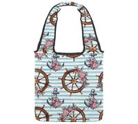 lcndlsoe Bolsa de lona con diseño de ancla con diseño de brújula y rayas rosas, para el trabajo, compras, gimnasio, Multicolor 1, 14.1x14.9in/36x38cm