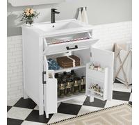 Lcoho 60 x 46 x 84,8 cm Armario de baño de pie con lavabo, lavabo, lacado completo, estantes de puertas dobles, cajones prácticos, estantes ajustables, lavabo de cerámica integrado (blanco)