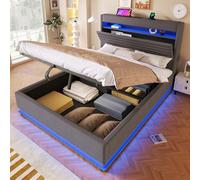 Lcoho Cama tapizada, 140 x 200 cm, con función de carga USB tipo C, iluminación LED, almacenamiento hidráulico, compartimento de almacenamiento con tapa superior, sin colchón, botón pulsador/aptitud