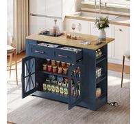Lcoho Isla de cocina portátil de 120 cm con mesa de comedor plegable, estante abierto, puerto CA, puerto USB, puerta de cristal, laminado ajustable, ruedas con frenos para cocina, comedor, sala de