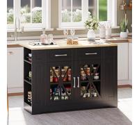 Lcoho Isla de cocina portátil de 120 cm con mesa de comedor plegable, estante abierto, puerto CA, puerto USB, puerta de cristal, laminado ajustable, ruedas con frenos para cocina, comedor, sala de