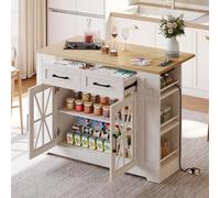 Lcoho Isla de cocina portátil de 120 cm con mesa de comedor plegable, estante abierto, puerto CA, puerto USB, puerta de cristal, laminado ajustable, ruedas con frenos para cocina, comedor, sala de