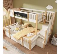 Lcoho Litera para 3 niños 90x200 & 140x200 de madera maciza con pizarra, escalera de almacenamiento, 2 cajones y armario escalera, cama alta/litera juvenil estable, Blanco Natural